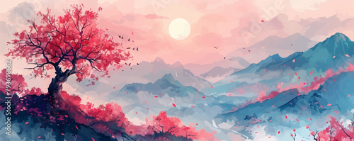 An artistic landscape with a cherry tree, cherry blossoms and sunset painted with watercolor. vector simple illustration
