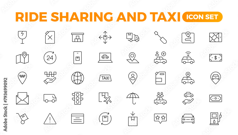 Set of car-sharing Icons. Simple line art style icons pack. Vector illustration.Car and rent simple minimal thin icons. Related car rent, repair, transport, and travel. Editable stroke. illustration.