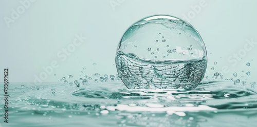 Photo of a drop of water in the air with bubbles on a white background