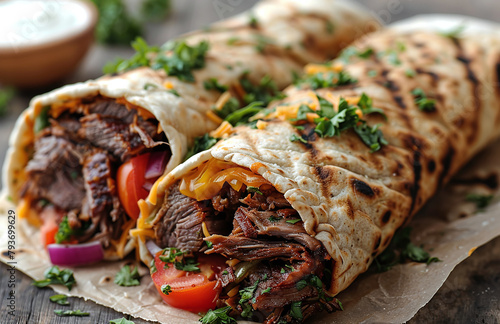 A deliciously prepared wrap filled with grilled meat, fresh vegetables, and herbs, served with a side of sauce and tomatoes.
