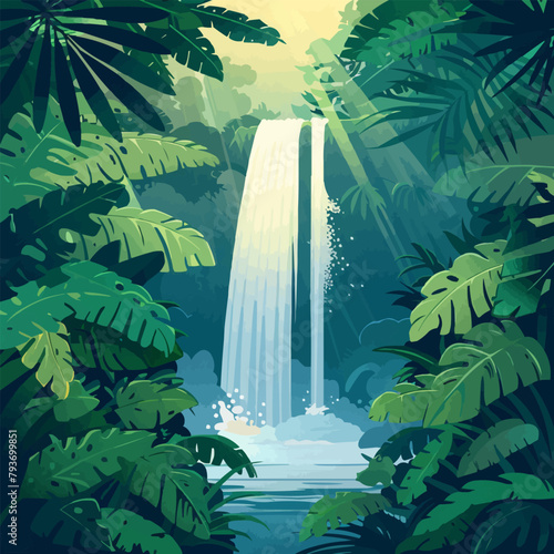 A waterfall is depicted in a lush green jungle