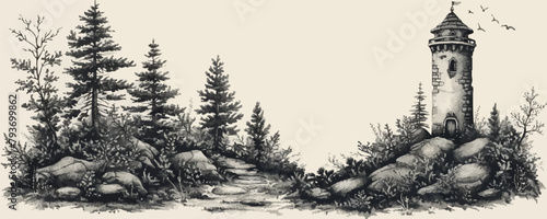 A black and white drawing of a forest with a lighthouse in the background