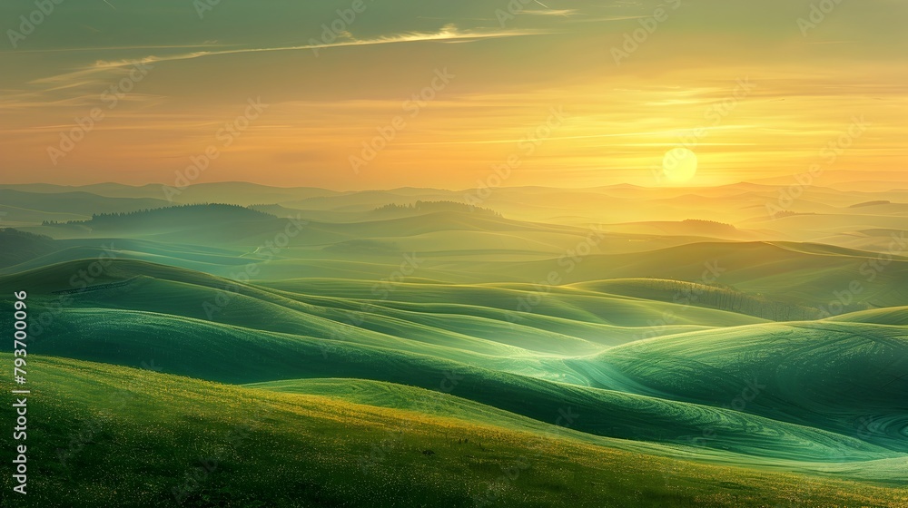 Picturesque Countryside Landscape with Verdant Hills and Glowing Sunset Skies