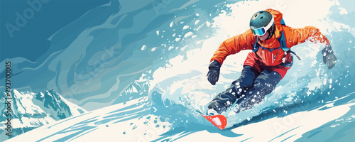 A man in an orange jacket is snowboarding down a mountain