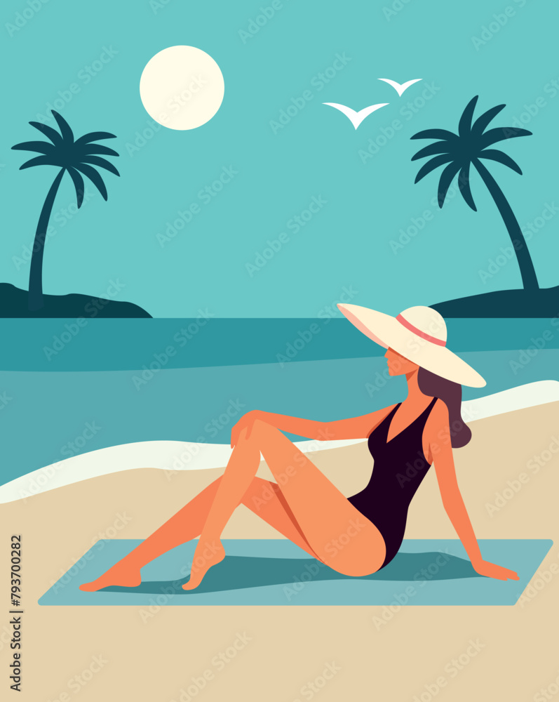 Young woman in a hat sitting on the beach by the sea. Vector illustration in flat style