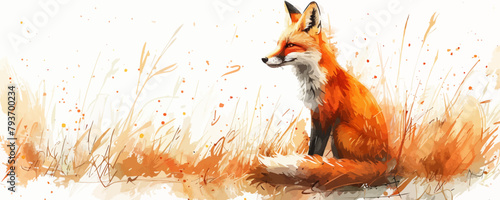 A fox is sitting in a field of tall grass