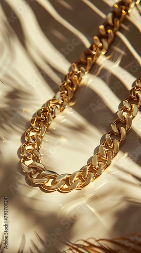 A luxurious golden cuban chain link necklace rests upon a background capturing the essence of wealth, style and elegance. Great as product design inspiration