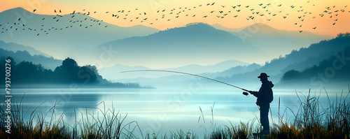 A man is fishing in a lake with a beautiful mountain backdrop