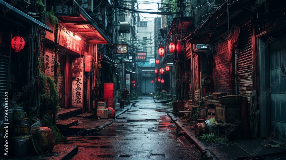A mysterious dark alley illuminated by eerie red lights and lanterns