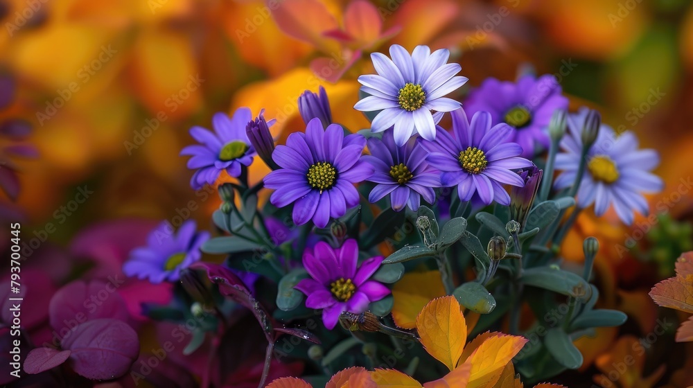 Cineraria bloom in a flowerbed during the fall Cineraria bloom in a flowerbed during the fall