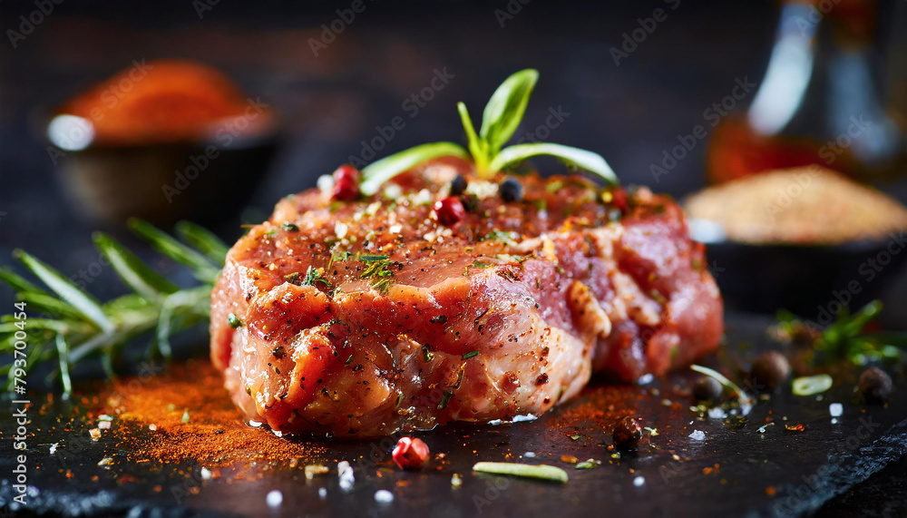 Close-up of raw marinated pork. Spicy marinade. Fresh meat pieces for BBQ. Culinary concept. Close-up of raw marinated pork. Spicy marinade. Fresh meat pieces for BBQ. Culinary concept.