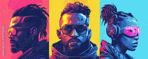 Three people with sunglasses and headphones are shown in a colorful poster