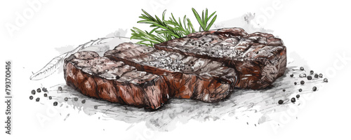 A drawing of a steak with a sprig of rosemary on top