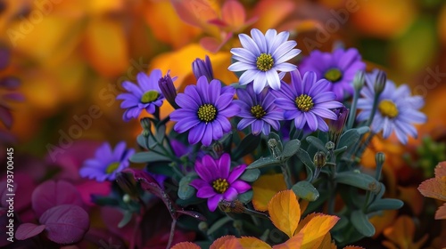 Cineraria bloom in a flowerbed during the fall photo