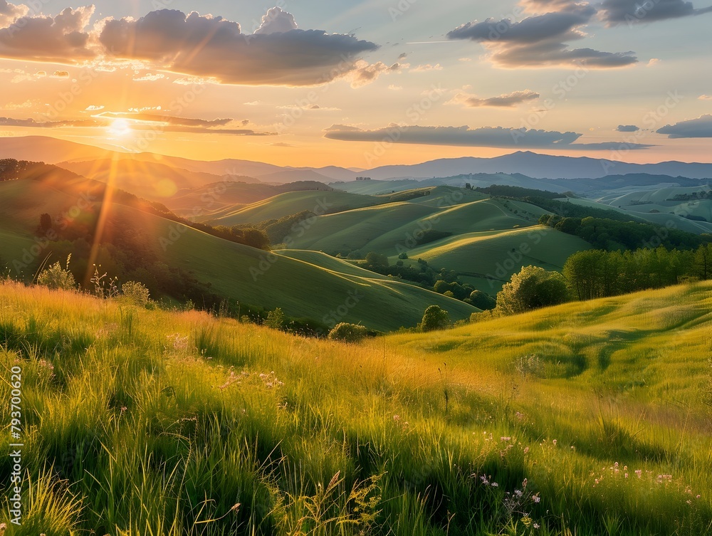 Breathtaking Sunset over Lush Mountain Meadow in Idyllic Countryside Landscape