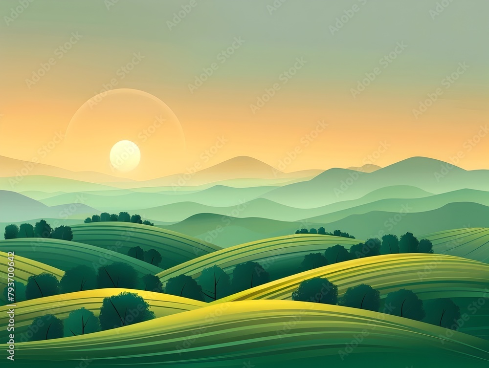 Picturesque Countryside Landscape with Rolling Hills Lush Meadows and Vibrant Sunset Sky