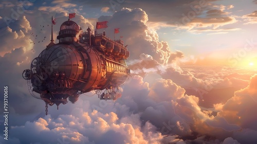 Majestic Airship Soaring Through Ethereal Cloudscape at Dramatic Sunset #793700616