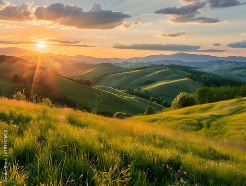 Breathtaking Sunset over Lush Mountain Meadow in Idyllic Countryside Landscape
