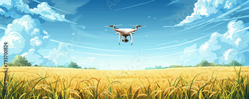 A white drone is flying over a field of tall grass