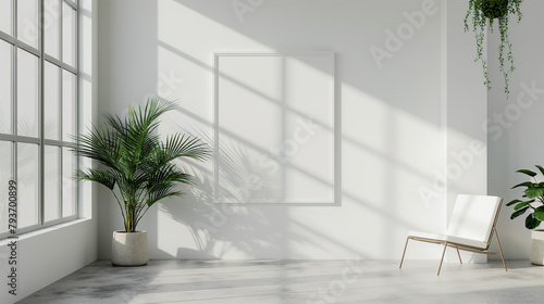 Frame and poster mockup, frame on empty wall, interior mockup with house background. Modern soft minimalism and boho interior design. 3D rendering style, luxury apartment