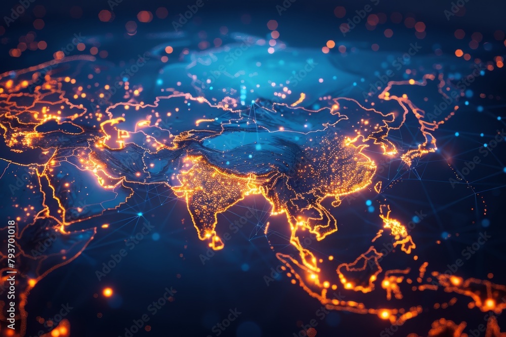 Fototapeta premium Digital Map of Asian Network Technology created with Generative AI
