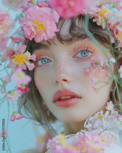 Close-up portrait of a young woman with colorful flowers surrounding her face, conveying a whimsical and enchanting mood