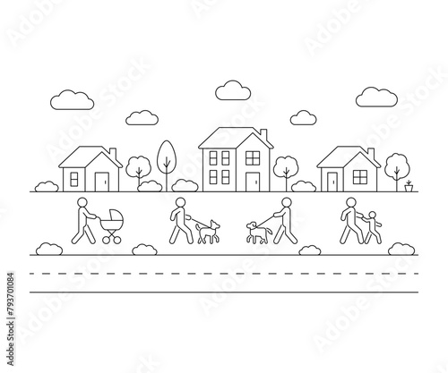 Walk resident people in neighborhood small houses in small city on street, line art. Neighbor on street, residential buildings, real estate. Exterior home. Vector outline illustration
