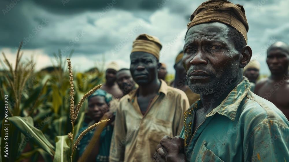 A group of African farmers standing in front of a field, with the bounty and potential of the African agricultural community on display.