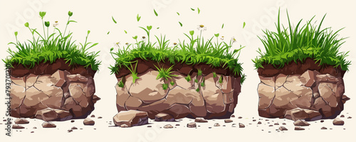 Land pieces with green grass realistic. vector simple illustration