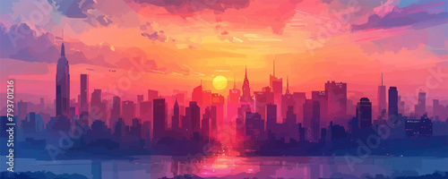 A dreamy city skyline with towering skyscrapers and colorful sunset hues painting the sky. Vector flat minimalistic isolated illustration.