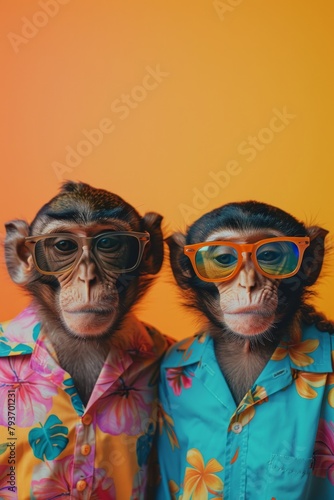 Two monkeys side by side in matching Hawaiian shirts against a vibrant orange backdrop, showcasing a sense of fun and camaraderie