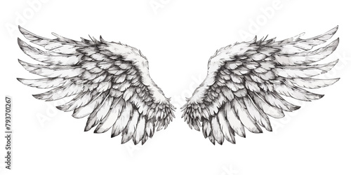 Hand drawn wings, sketch bird or angel wing with feathers. Vector illustration