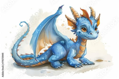 A blue dragon with orange and yellow accents is laying on its back. The dragon has a happy expression on its face