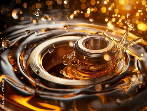 Close-up of a mechanical bearing with oil splashing around, set against a golden bokeh background.