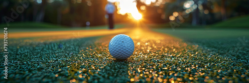 A closeup of the ball on green grass with a blurred background, outdoor golf course