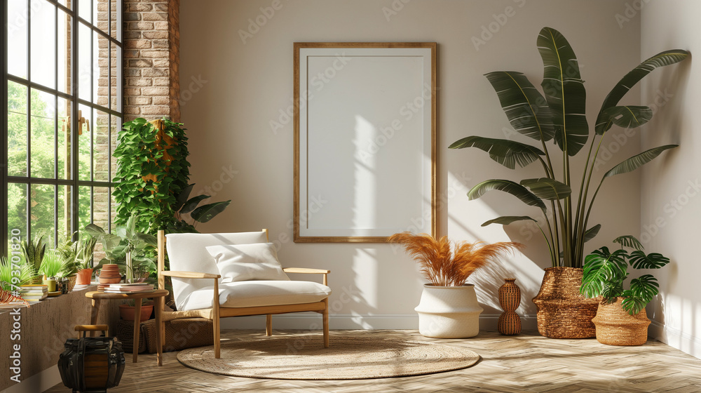 Frame and poster mockup, frame on empty wall, interior mockup with house background. Modern soft minimalism and boho interior design. 3D rendering style, luxury apartment
