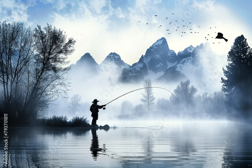 A man is fishing in a lake with mountains in the background