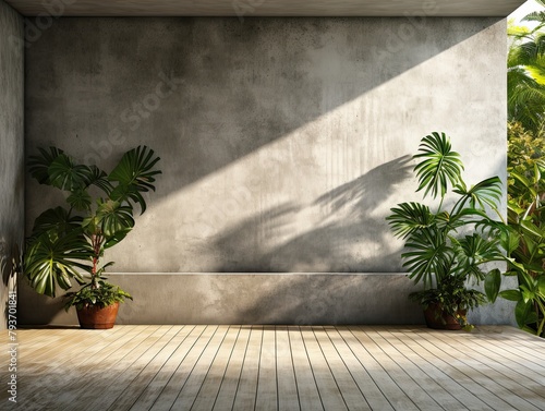 Sitting area outside the tropical style building With a blank gray concrete wall and the shadow of a tree on the wall.