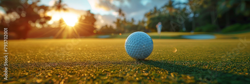 A closeup of the ball on green grass with a blurred background, outdoor golf course