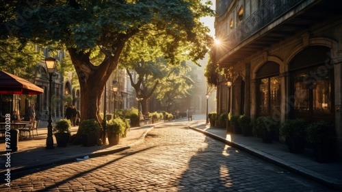 The warm hues of the setting sun illuminate a cobblestone street in the heart of the city