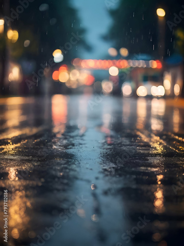 night city street with rain , Blurred background with rain