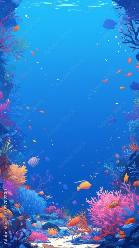 Coral reef and tropical fish border, underwater beauty summer sales banner, deep blues and vibrant corals