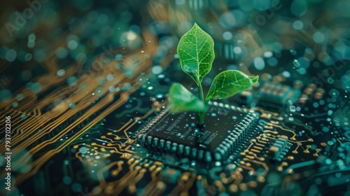 Futuristic plant growing on the top of circuit board, futuristic technology background concept