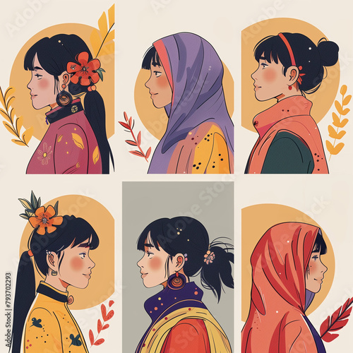 Set of anime Asian muslim women illustration. Female modern hijab headscarf dress outfit. Avatar profile pictures