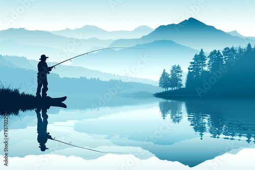 Man fishing in lake with mountains, trees, and fog in background