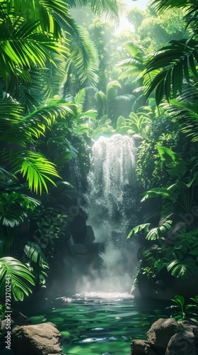 Summer sales banner in a tropical rainforest setting, lush greens and waterfall, rainforest ambiance, natural wonder copy space