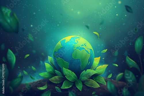 Stylized earth with green leaves on dark starry background