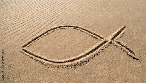 Ichthys - The Drawn Fish, a Symbol of Christianity, on the Desert Sand.