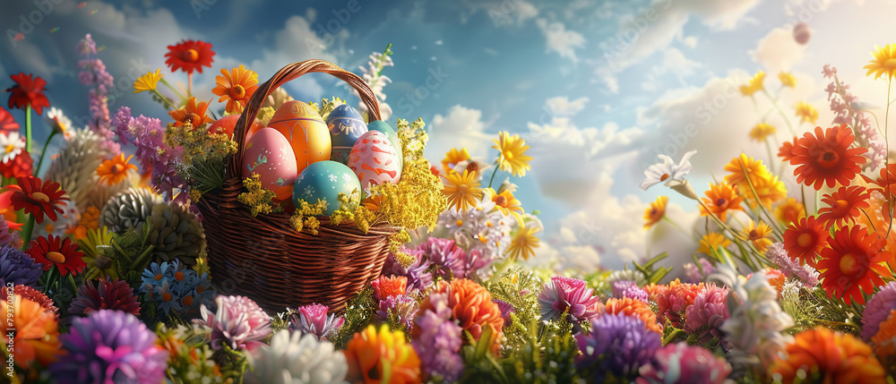 3D vector art of an Easter basket filled with eggs amidst spring flowers, festive and joyful theme
