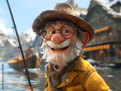 A smiling fisherman character, blurred background, 3d animation character.